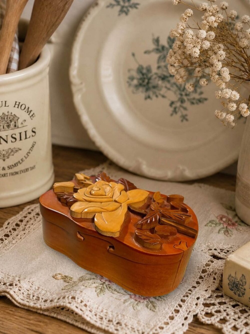Hand-Carved Wooden Puzzle Box With Rose Design & Velvet-Lined Interior